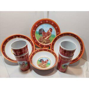 Vtg Trisa Melamine Country Rooster Dishes Set Of 11 Red Orange Plates Bowls Cups